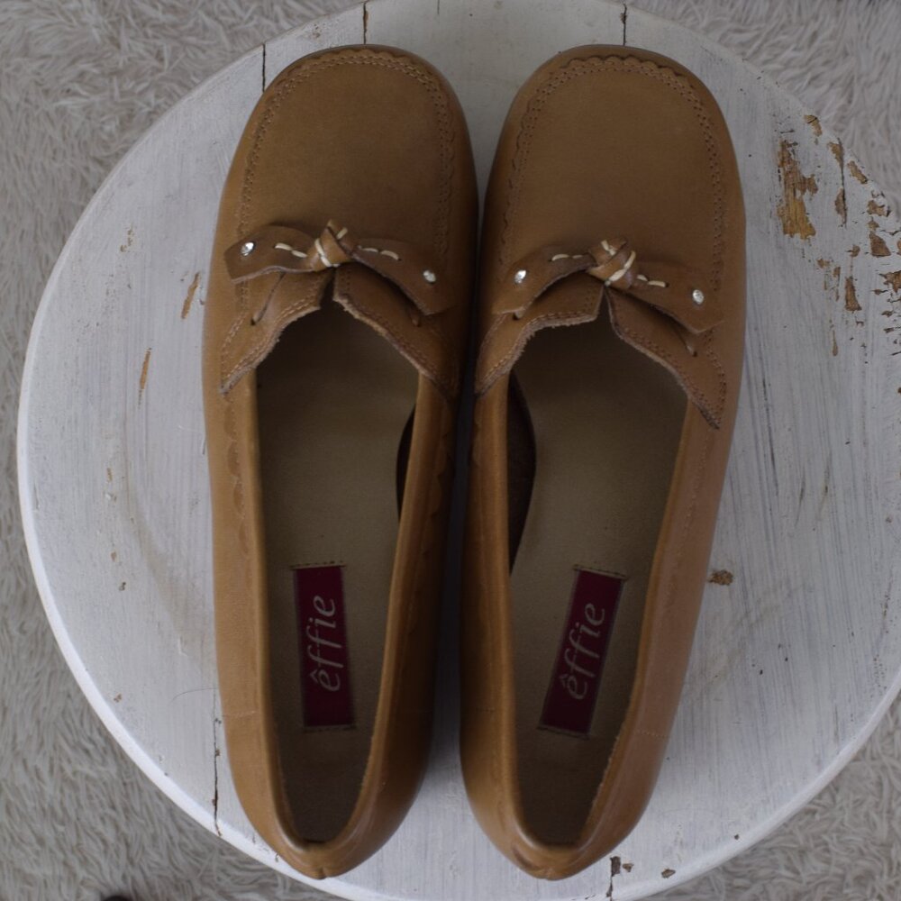 Effie Tan Leather Loafers‎ | Slip-On Flats | Bow Detail | Size 7